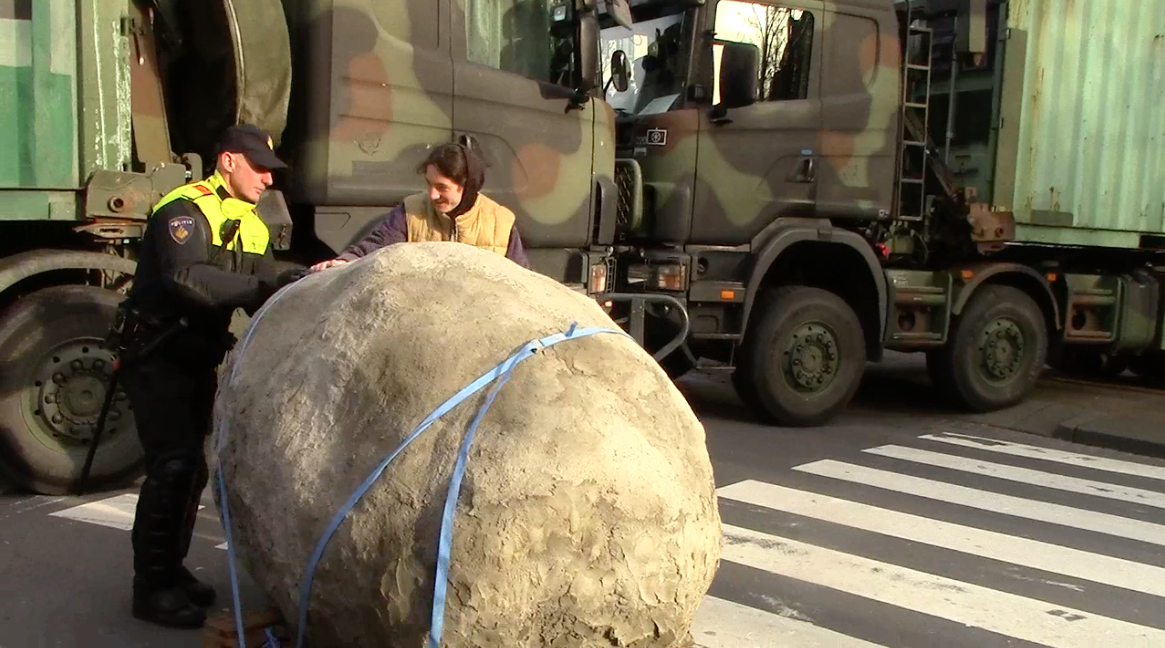 screenshot of video documentation of the tranportation of the rock